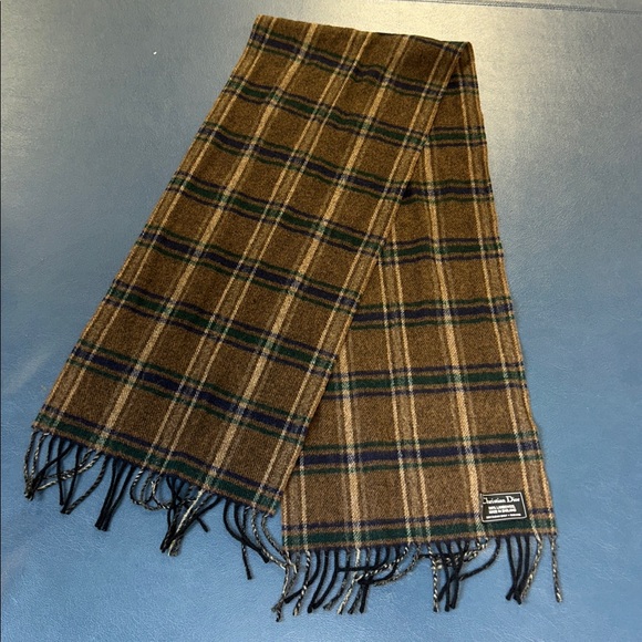 RARE!! CHRISTIAN DIOR Brown Plaid Lambswool Scarf with Blue & Green Stripes